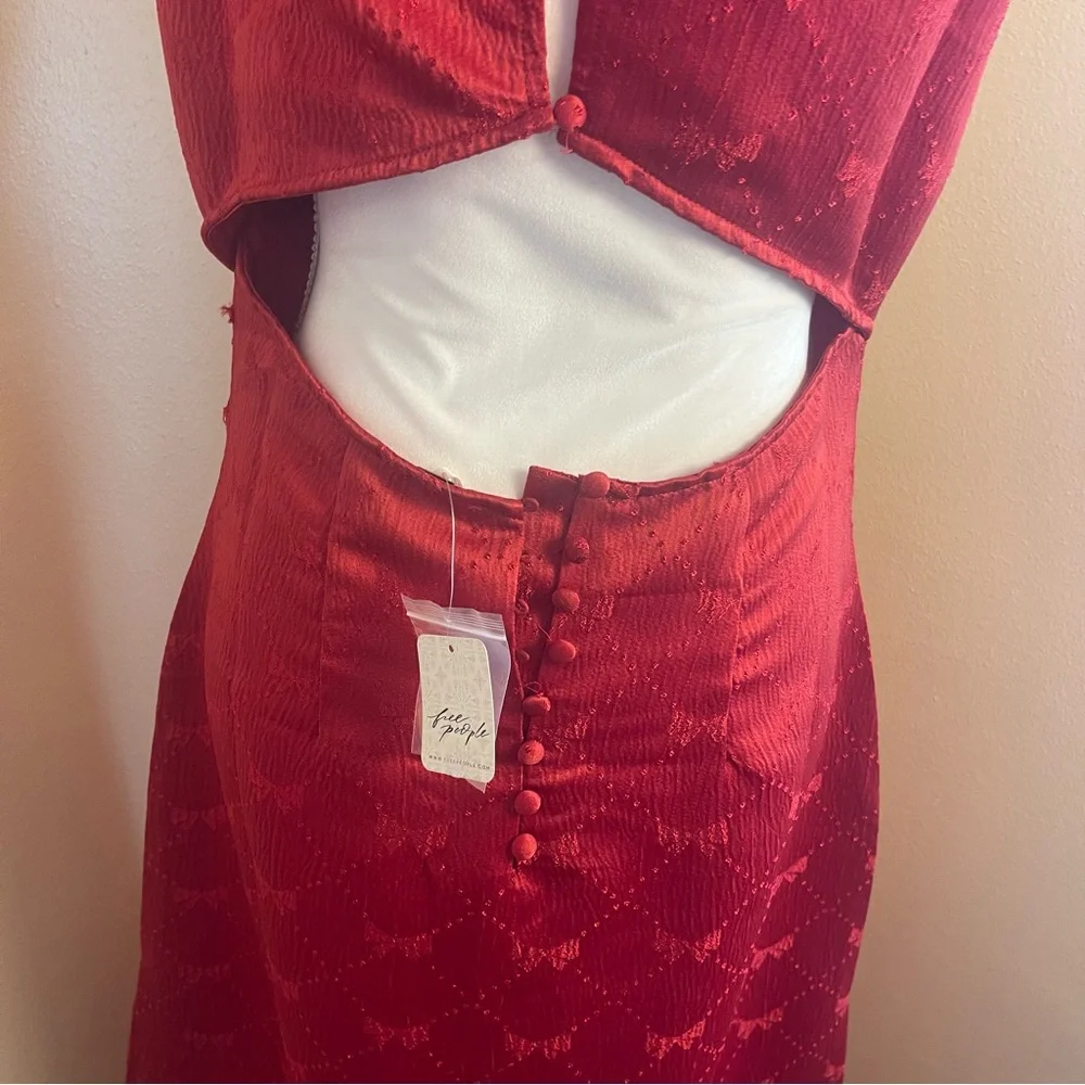 Free People Foolish Heart Midi Dress Red Dahlia Lace Satin NWT Romantic Boho S - Picture 7 of 11